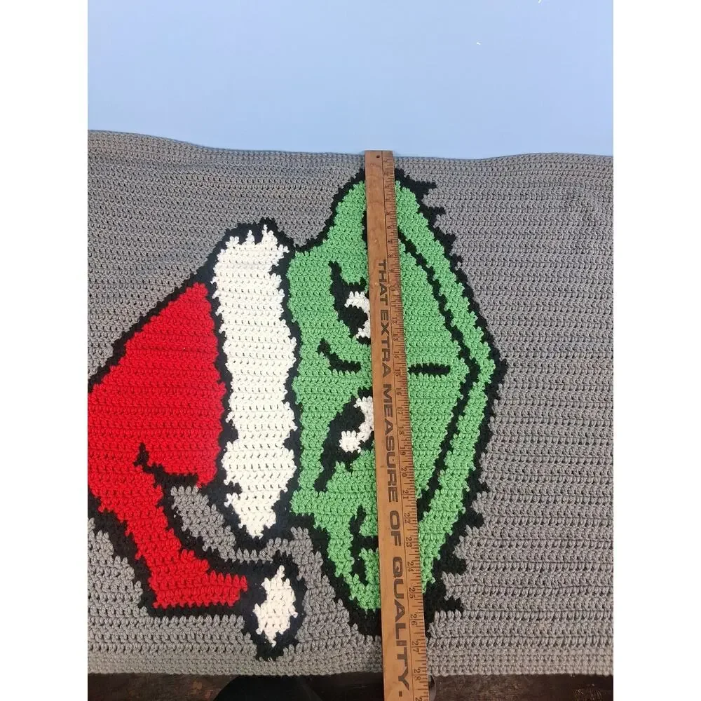 Handmade Crocheted Grinch Blanket 48 × 28 Green Grey Christmas Playful Winter